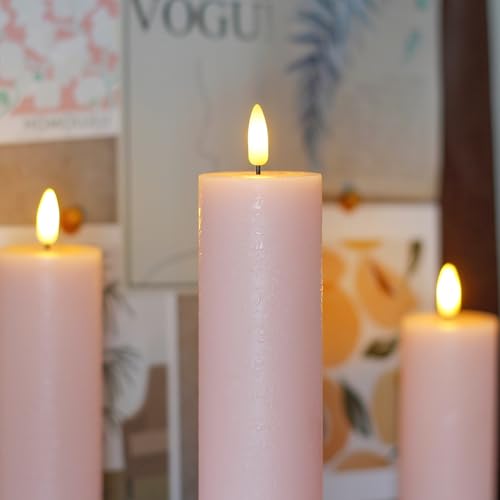 Image of Flickering Flameless Pillar Candles with Remote Control and Cycle Timer,Pink Pack of 4 Battery Operated(Powered by 2AA) LED Real Wax Tall Fake 3D-Wick Electric Candles(D 2.2 inch x H 4 inch,6 inch,8 inch,10 inch)