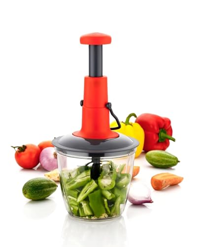 Image of 2-in-1 Hand Press Push Chopper | Manual Chopper with 4 Precision Blades for Effortless Vegetable & Fruit Cutting 1000ML Capacity | Sleek Blue Design