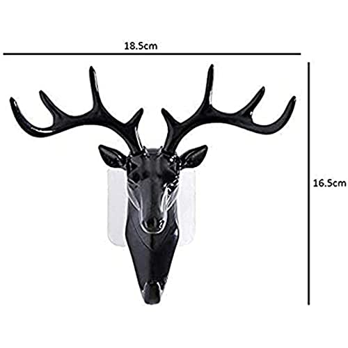 Image of Deer Head Hook, Self Adhesive Wall Door Hook Hanger Bag Keys Sticky Holder Wall Mount (Black), Plastic, Pack of 1 (18.5 cm x 16.5 cm)