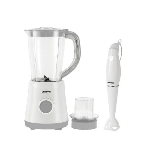 GEEPAS Jug Blender & Hand Blender Combo Kitchen Set | 500W 1.5L Food Blender 2 Speeds Pulse Function | 180W Soup Mixer, Anti-Splash Stainless Steel Blades & Detachable Stick | 2 Yr Warranty Grey-White