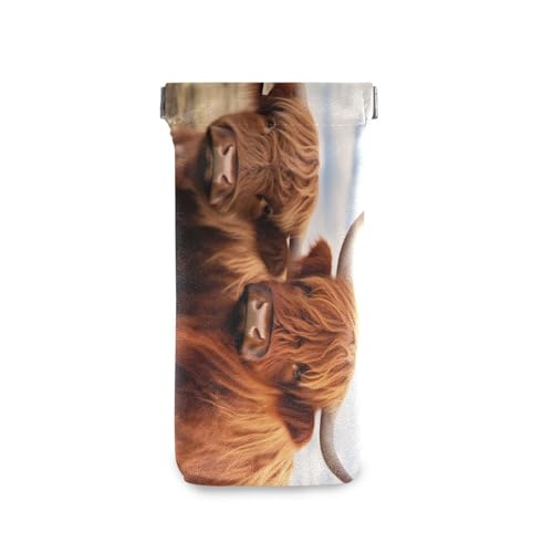 FLildon Highland Cow Eyeglasses Pouch Squeeze Top Sunglasses Case Soft PU Leather Eyeglass Bag for Men Women