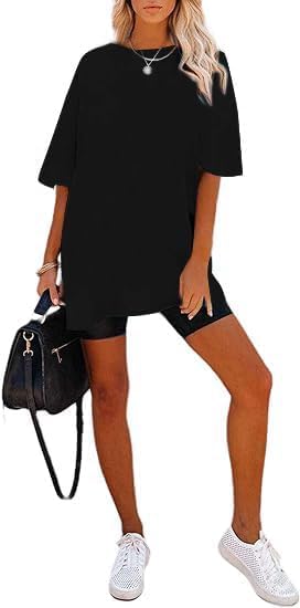 Remidoo Women's Oversized T Shirt Crewneck Solid Short Sleeve Baggy Cotton Tees4