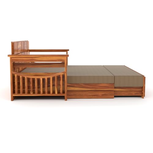 Image of Kunjal Furniture Solid Sheesham Wood Sofa Cum Bed with Storage for Living Room | Natural Finish | 3-Seater Convertible Sofa Bed | Handmade Wooden Furniture