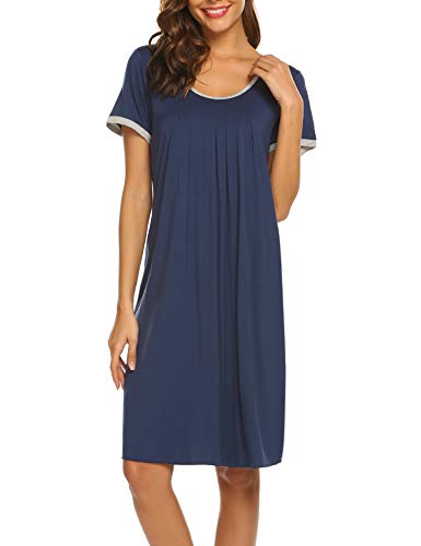 Ekouaer-Damen-Nachthemd-Kurzarm-Nachtwaesche-Comfy-Sleepshirt-Falten-U-Ausschnitt-Nachthemd-S-XXL