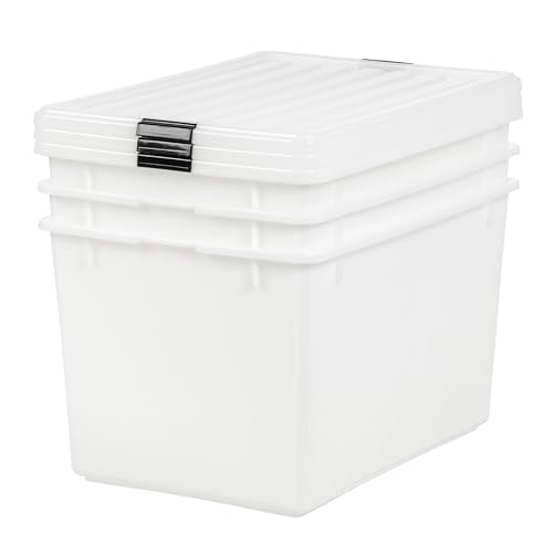 Image of IRIS USA 144 Qt Stackable Plastic Storage Bins with Lids, 3 Pack - BPA-Free, See-Through Organizing Solution, Latches, Durable Nestable Containers, Secure Pull Handle, Made in USA - Clear