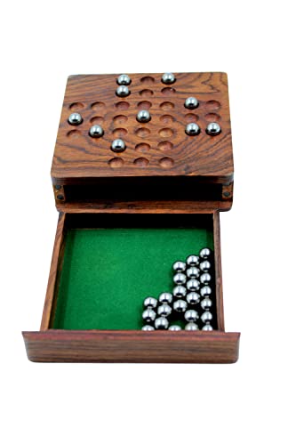 The Mind Challenge Wooden Brainvita and 34 Metal Balls with Drawer for Children and Adults Family Solitaire Board Game Brown Best Birthday Gift (Small)