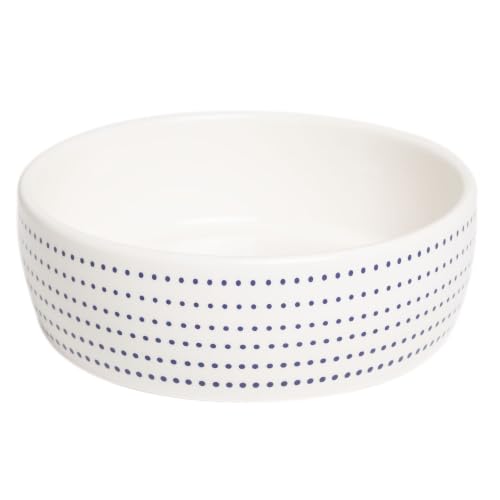 Pearhead Ceramic Cat Bowl for Food and Water Whisker Fatigue Shallow Wide Cat Food Bowl Heavyweight Non Slip Non Tip Pet Dish Modern White Cat Bowl with Blue Dot Design