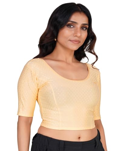 Image of Fressia Fabrics Pure Cotton 4-Way Stretch Readymade Blouse for Women | Free Size to 4XL Stretchable Round Neck Dobby Cotton Half Sleeve Readymade Saree Blouse for Women Stylish