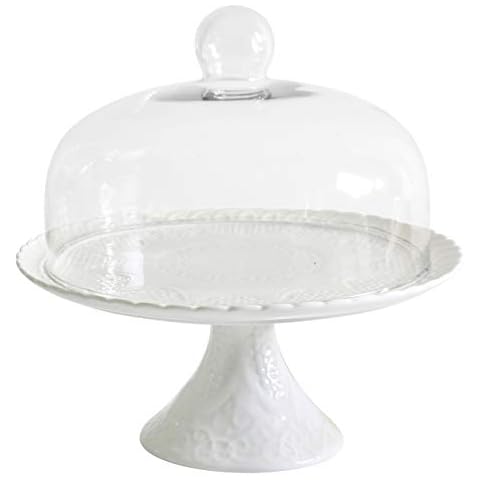 Jusalpha® White Porcelain Cake Stand with Glass Dome Cover