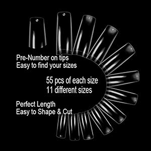 Vivace Clear Half Moon 510 Acrylic False Fake Nail Tips 11Sizes With Clear Plastic Case for Nail Salon Nail Shop (Clear Half Moon)