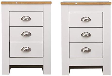 Kingwudo® Modern Wooden 2/3 Drawers Bedside Table Nightstand Night Table Cabinet Bedroom Furniture 1 Piece & 2 Set White/Grey+Oak Color (3 DrawersGrey+Oak Color, Double)