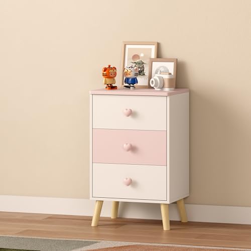[en.casa] Kinderkommode mit 3 Schubladen Sandnes Schubladenschrank schmal 62 x 38 x 30 cm Kinderzimmer Nachtschrank Holzbeine Weiß/Rosa