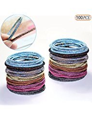 Hisight 100pcs Gold thread multi-color Hair Elastics Hair Ties No Crease Ponytail Holders No Metal 5mm Hair Band Ties, for Girls & Ladies leather ring hair band