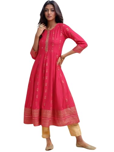 Image of rangita Pink Rayon Calf Length Embroidered Anarkali Kurti for Women | Kurta for Women
