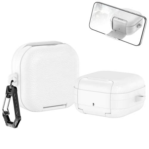Image of Leather Texture Case for Samsung Galaxy Buds 4 and 4 Pro with Carabiner, Built-in Phone Stand, Locking-Switch Design Business Cover (White, Leather with Stand)