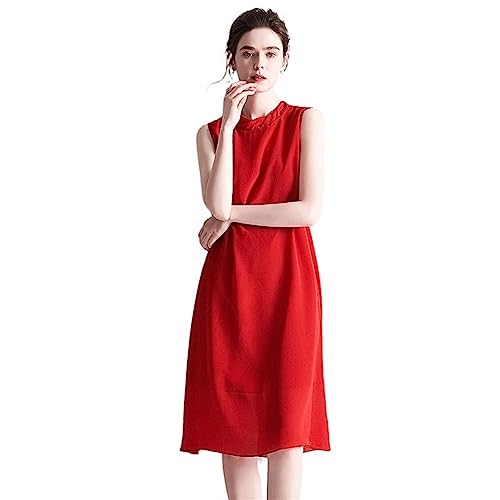 FABROX Europese en Amerikaanse zomerjurk voor dames, losse zijden mouwloze feestjurk voor dames, Rood, L