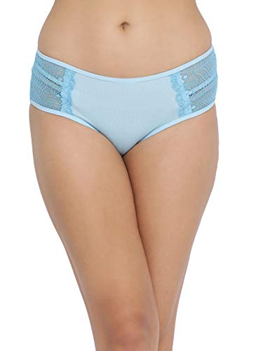 Image of Clovia Women's Mid Waist Hipster Panty with Lace Inserts in Light Blue - Lace & Cotton