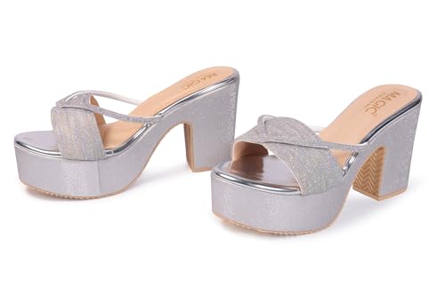 Image of Women's Stylish Platform Block Heel Sandals with Glitter Finish, Cross Strap Design, Cushioned Insole & Slip-On Comfort - Perfect for Weddings, Receptions, Festive & Evening