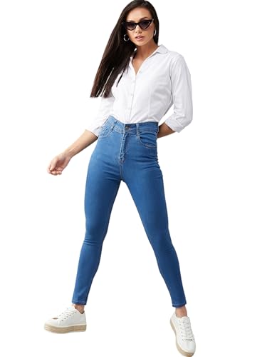 Image of Miss Chase Women's Skinny High Rise Cropped Fringed Hemline Detailing Stretchable Denim Jeans