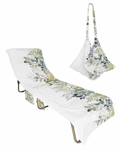Beach Pool Patio Lounge Chaise Chair Cover Towel with Pockets,Eucalyptus Leaves Absorbent & Quick Dry Microfiber Towel Cover Bag Summer Travel Accessories Spring Watercolor Plant Simple White