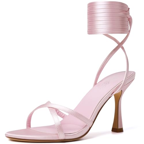 Image of Mostrin Womens Sandals Strappy Heels for Women Lace Up Square Open Toe Heels Tie Up High Heeled Sandals for Prom, Party, Daily Wear