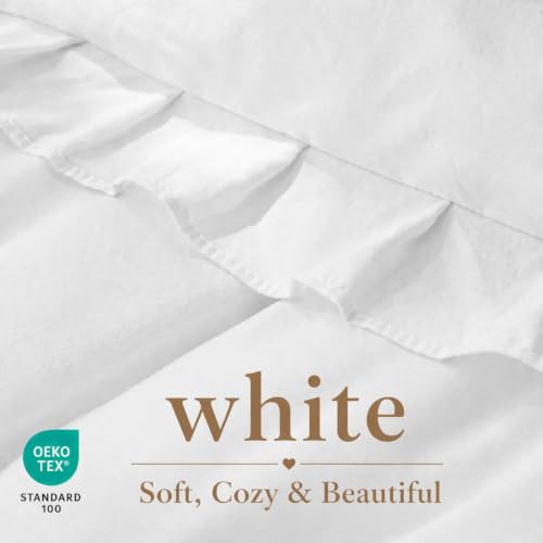 Image of JANZAA White Comforter Set King - Soft Microfiber, Lightweight All Season Bedding, Ruffle Shabby Chic Aesthetic, Breathable Cozy Bed Set with 2 Pillow Shams, Machine Washable