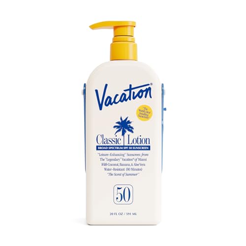 Vacation Classic Lotion SPF 50 Sun Jug, Broad Spectrum Bulk Sunscreen SPF 50, Water Resistant Sunblock, Suntan Lotion with Pump, Vegan, Family-Size, 20 Fl. Oz.
