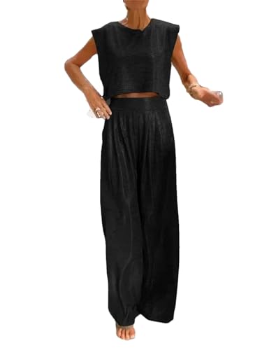 Tenue 2 pièces décontractée femme ensemble haut court et pantalon large noir L Alloaone