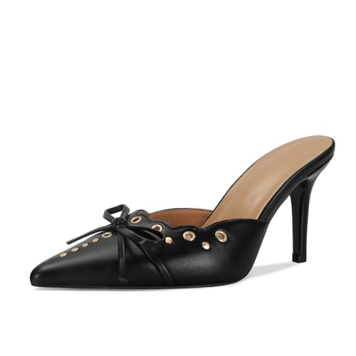 Image of DOEYG Women Pointed Toe Bow Heels Mules Slip on Stiletto Heels Sandals Dress Party Wedding Studded Heels Pumps