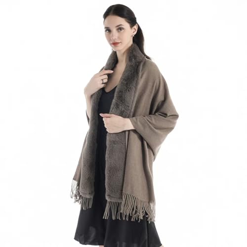 Women's Shawl Wrap, With Soft Plush Fur Trim, Cashmere Scarf With Fringe, 27.5 * 80 Inch2