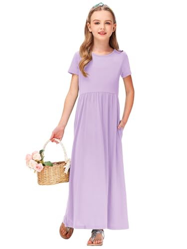 Image of Deerose Girls Maxi Dress Short Sleeve Casual Long Dresses with Pockets 5-14 Years