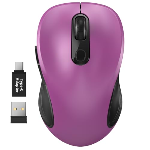 Image of WisFox 2.4G Wireless Mouse for Laptop, Ergonomic Computer Mouse with USB Receiver and Type-C Adapter, 3 Adjustable Levels, 6 Button Cordless Wireless Mice for Windows Mac PC Notebook (Purple)