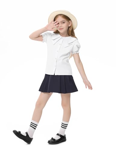 Girls Short Sleeve Peter Pan Blouse Puff Sleeve Button Down Shirt School Uniform Blouse 3-12 Years4