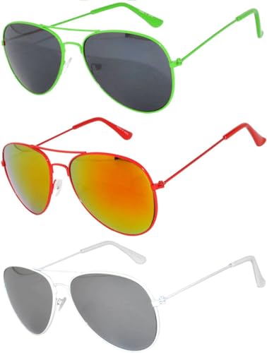 Image of OWL Set of 3 Pack Aviator Style Sunglasses Colored Metal Frame Mirror Lens Smoke Lens