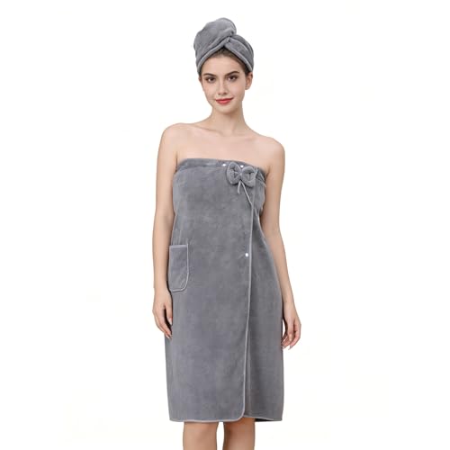 Towel Wrap for Women with Hair Towel Bath Robe After Shower Female Plush Long Quick-Dry Sauna Spa Wrap Around Towels With Pockets & Three Adjust Clasps (US Alpha One Size Regular Regular Grey)