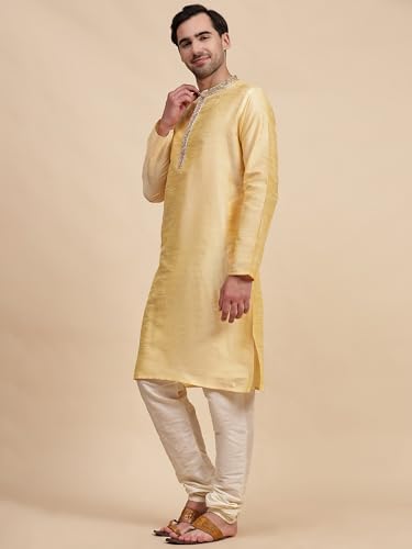 Image of Amazon Brand - Anarva Men's Art Silk Kurta Pajama Set with Embroidered Collar | Traditional Indian Ethnic Wear Long Sleeve Straight Kurta with Churidar Pajama