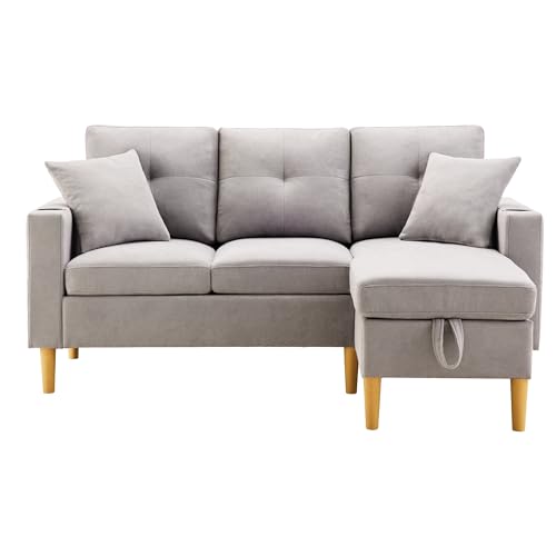 Arhatreya 3 Sitzer L-förmiges Sofa Gästesofa Modern Couch, 3er Sitzsofa mit Getränkehalter und Kissen, Polstersofa mit Stauraum für Wohnzimmer, Schlafzimmer, Wohnung, Gästezimmer, Hellgrau – Bild 8