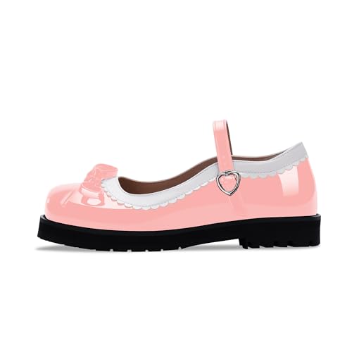 Women's Bow Patent Leather Platform Mary Janes Ankle Strap Closed Toe Kawaii Goth Uniform Flats3