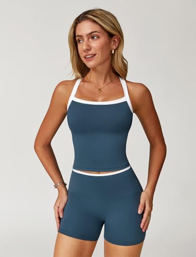 Image of ABOCIW 2 Pieces Workout Sets for Women, Cross Back Tank Top Matching High Waist Biker Shorts, Gym Yoga Pilates Outfits