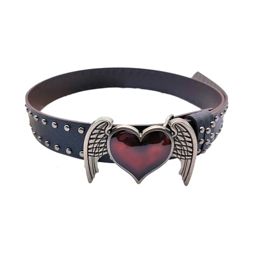 Eye Catching Rivets Waist Belt with Heart&Wing Buckle for Adult PU Waist Belts for Women Coat Dress Adjustable Length, 105x3.8cm, Black
