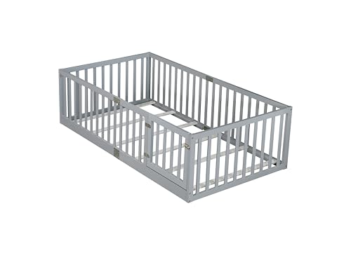 Image of Bellemave Twin Size Kids Montessori Floor Bed Frame with Door and Slats,Solid Wood Floor Bed Frame with Slats and High Fence for Kids,Girls,Boys,Gray