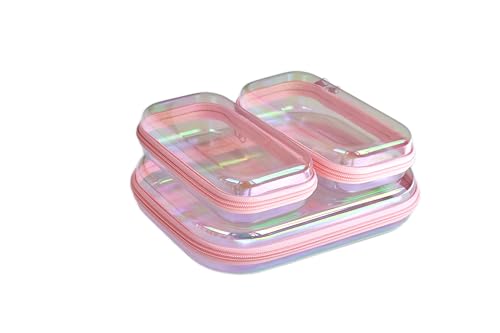 Clear Hard Shell Zipper Case, Surface scratch resistant material, Portable Cosmetic Bag with Zipper, Diaper Bag Organizing Pouches, Hard Plastic Case, Clear Bags for Organizing, Pink （3 Pcs）