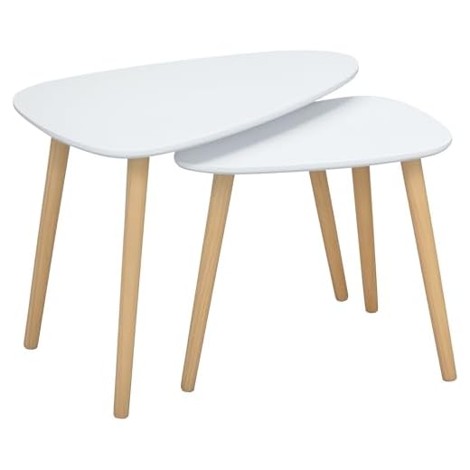HOMCOM Nesting Coffee Table, Set of 2 Side Tables, Stacking End Tables with Solid Wood Legs, for Living Room Bedroom, White 27 HOMCOM Nesting Coffee Table, Set of 2 Side Tables, Stacking End Tables with Solid Wood Legs, for Living Room Bedroom, White