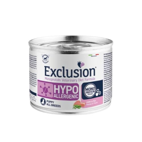 Exclusion Hypoallergenic all breeds Puppy per cani cuccioli di tutte le taglie, gusto MAIALE e PISELLI, ipoallergenico | 6 scatolette da 200 grammi l'una.