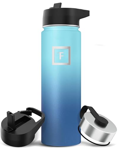 IRON °FLASK Camping & Hiking Hydration Flask with 3 Lids - Stainless Steel, Double Walled & Vacuum Insulated Water Bottle - Leak Proof & BPA Free (Blue Waves, Straw - 22 oz)