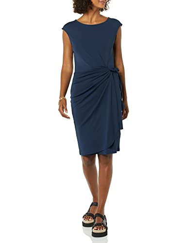 Amazon Essentials Vestido con Falso Cruzado de Cuello Barco y Manga Casquillo Mujer, Azul Marino, S