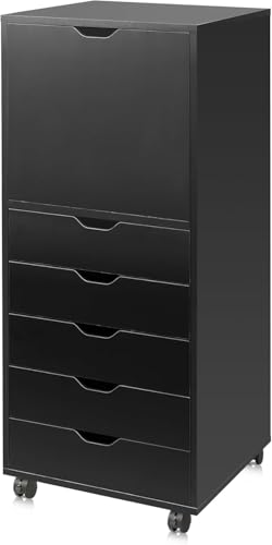 Image of DEVAISE 5-Drawer Wood File Cabinet, Mobile Filing Cabinet with 1 Door, Wide Storage Space for Home Office, Black