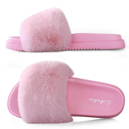 Ankis Pink Fur Slides-Cute Chic Versatile Pretty Soft Platform Slides, Open Toe, Non-slip Womens House Fluffy Slippers, Fuzzy Slippers for Women Indoor Outdoor, All Seasons
