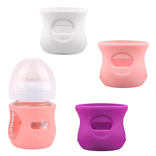 Image of 3 Pack Silicone Sleeves for Avent Natural Glass Baby Bottles, Anti Breakage Baby Bottle Holder, Compatible Philips Avent Glass Natural Baby Bottle 4 oz, BPA Free (White+Pink+Purple)