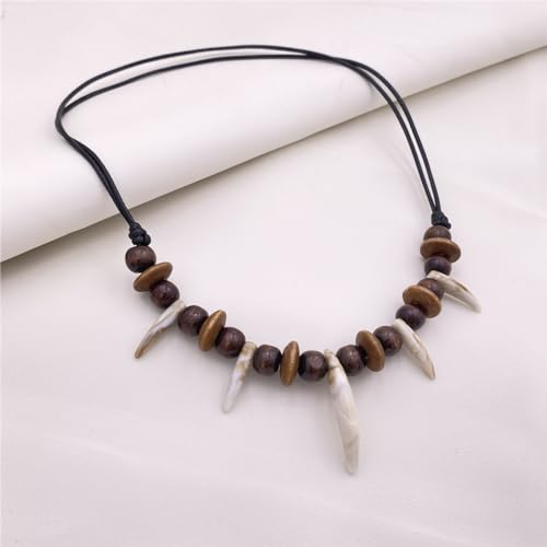 MOKAVIKY 25 Adjustable Tribal Wolf Tooth Necklace for Women Men Resin Wolf Tooth with Woody Beaded Necklace4